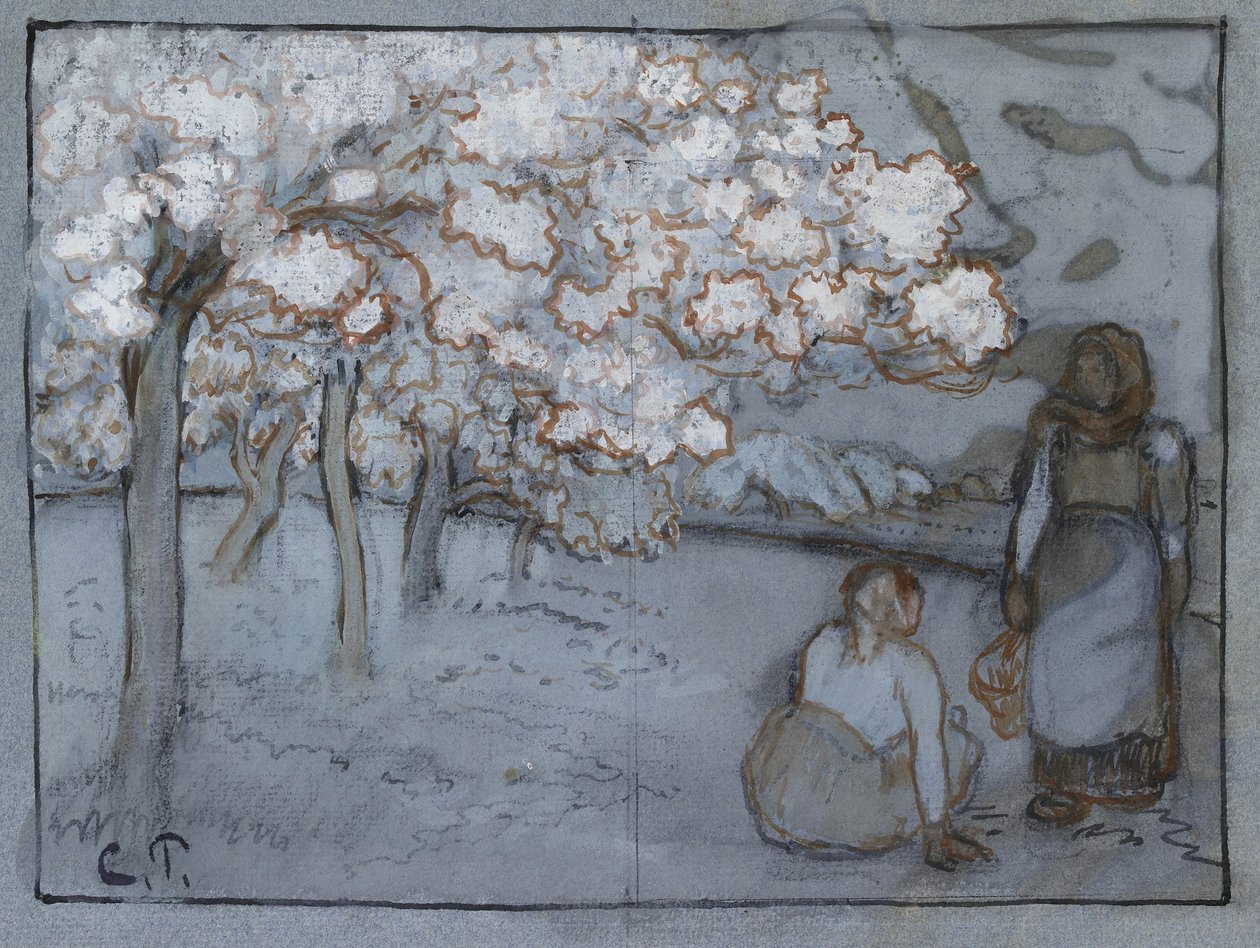 Compositorische studie van twee vrouwelijke boeren die praten in een boomgaard, ca. 1894 door Camille Jacob Pissarro