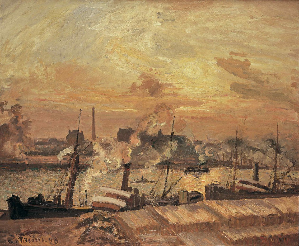 Lossen van hout, kade van de Beurs, zonsondergang door Camille Jacob Pissarro