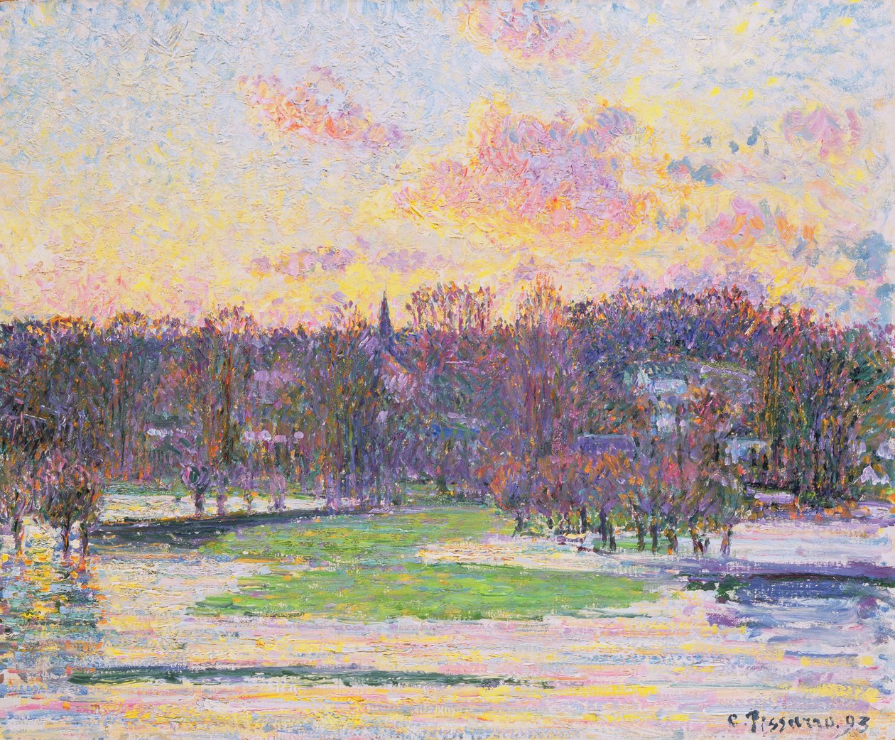 Overstroomde Zonsondergang door Camille Jacob Pissarro