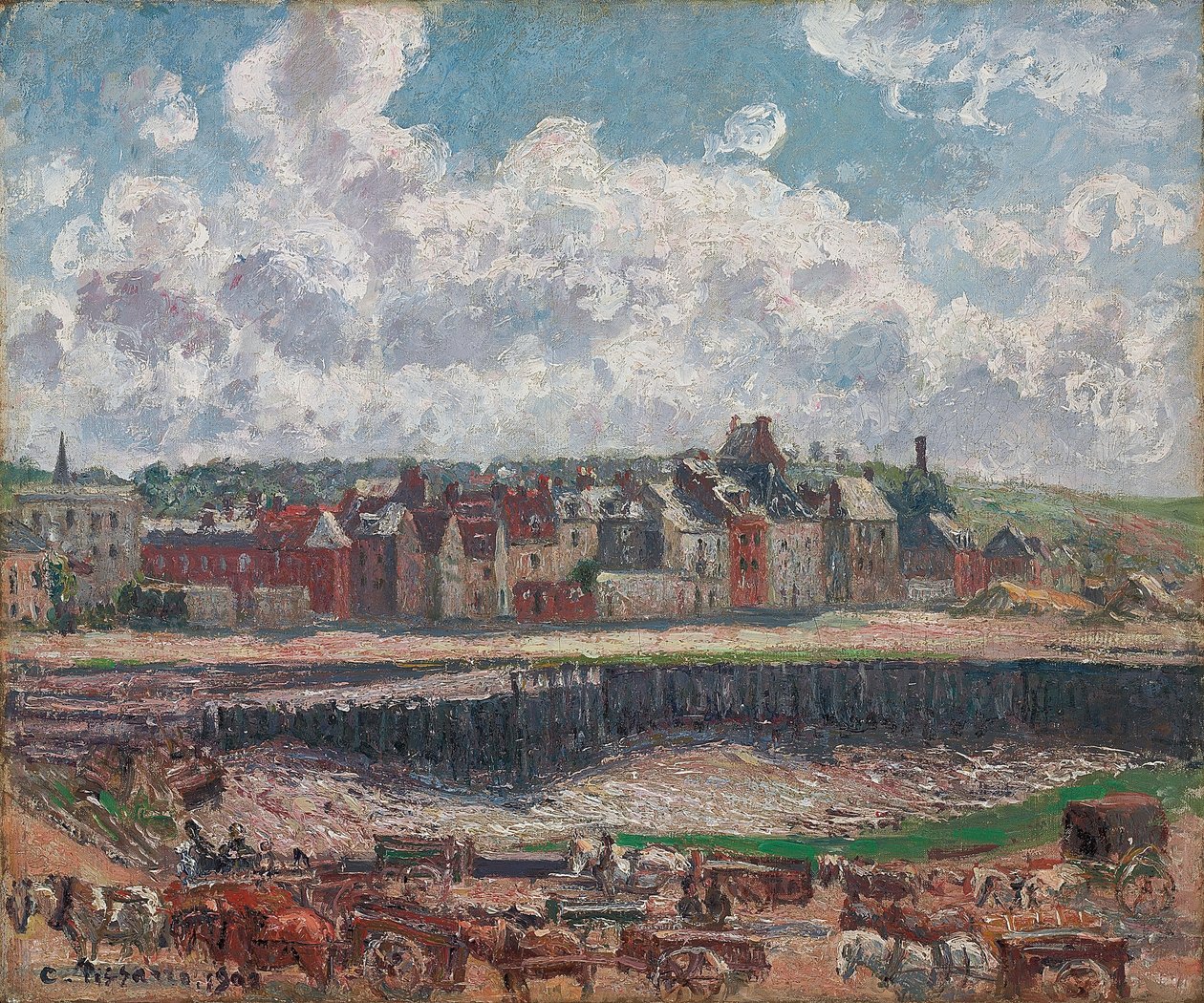 Paarden en karren voor de vissershaven, Dieppe, bij eb, 1902 door Camille Jacob Pissarro