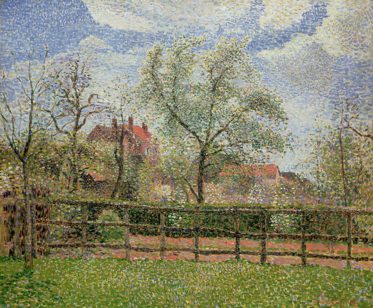 Perenbomen en bloemen in Eragny, ochtend, 1886 door Camille Jacob Pissarro