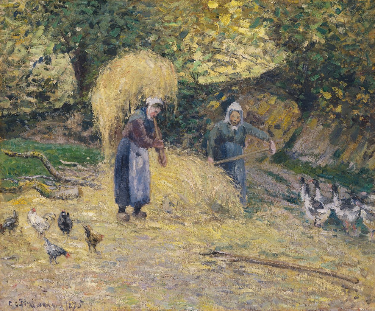 Boeren die Stro Heffen, Montfoucault, 1875 door Camille Jacob Pissarro