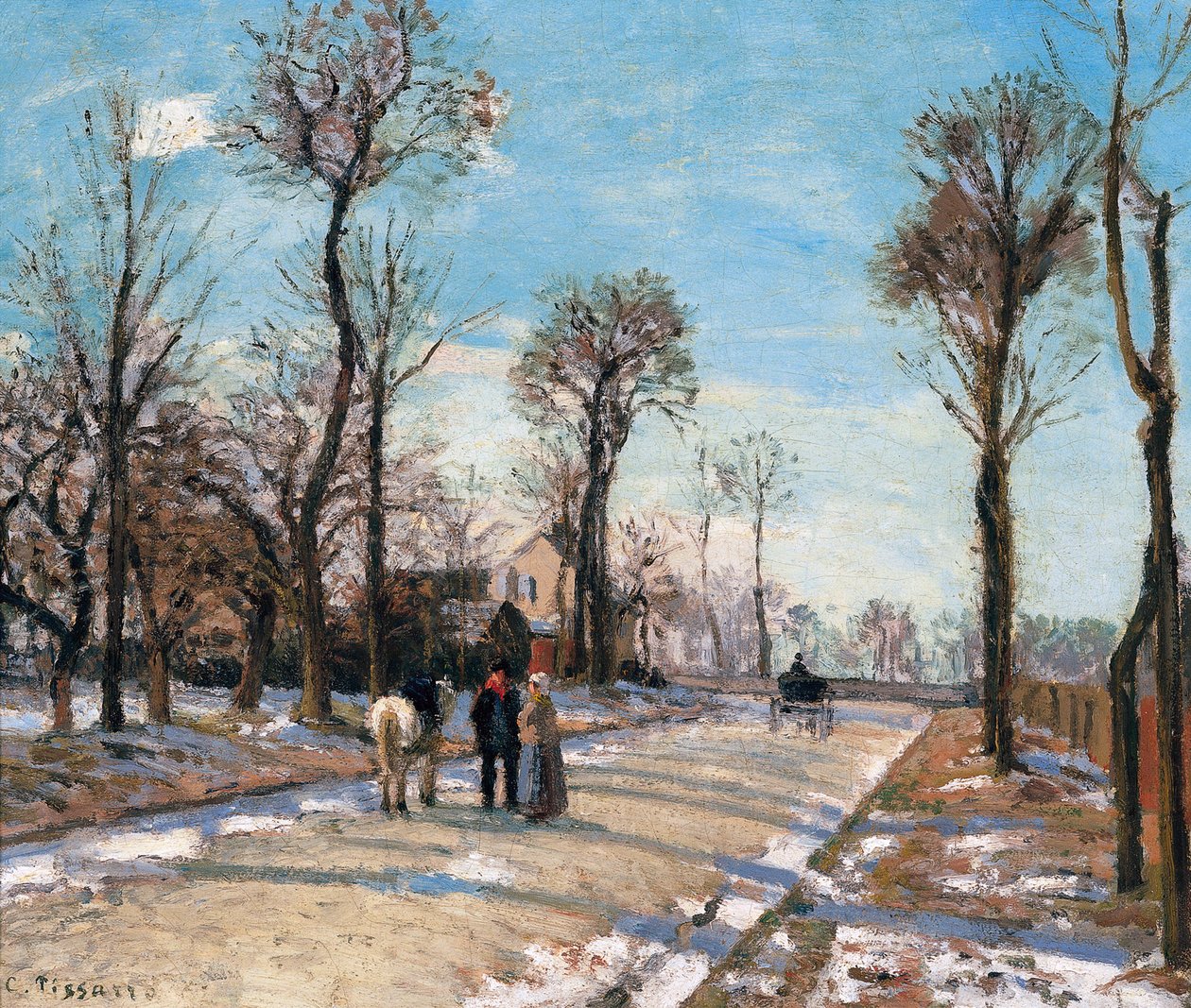 Route de Versailles, Louveciennes, winterzon en sneeuw door Camille Jacob Pissarro