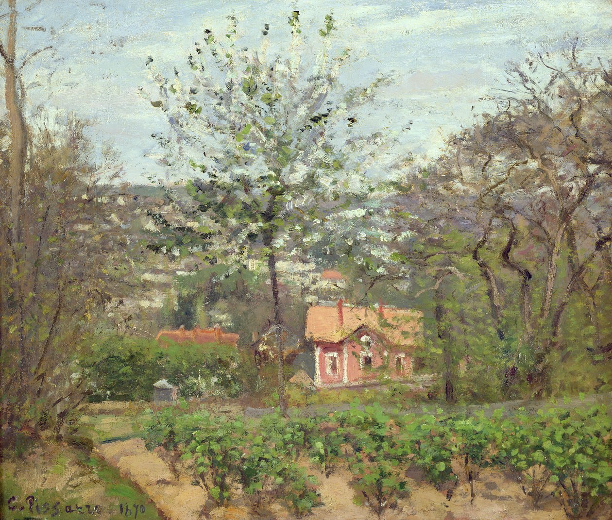 Het huisje, of het roze huis - Hamlet van het vliegende hart, 1870 door Camille Jacob Pissarro