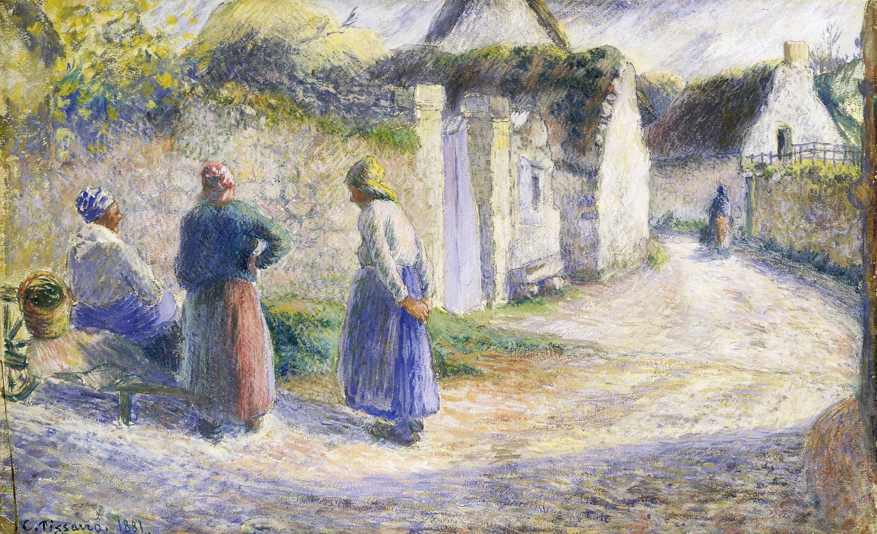Dorpstraat met Drie Mensen aan de Rechterkant door Camille Jacob Pissarro