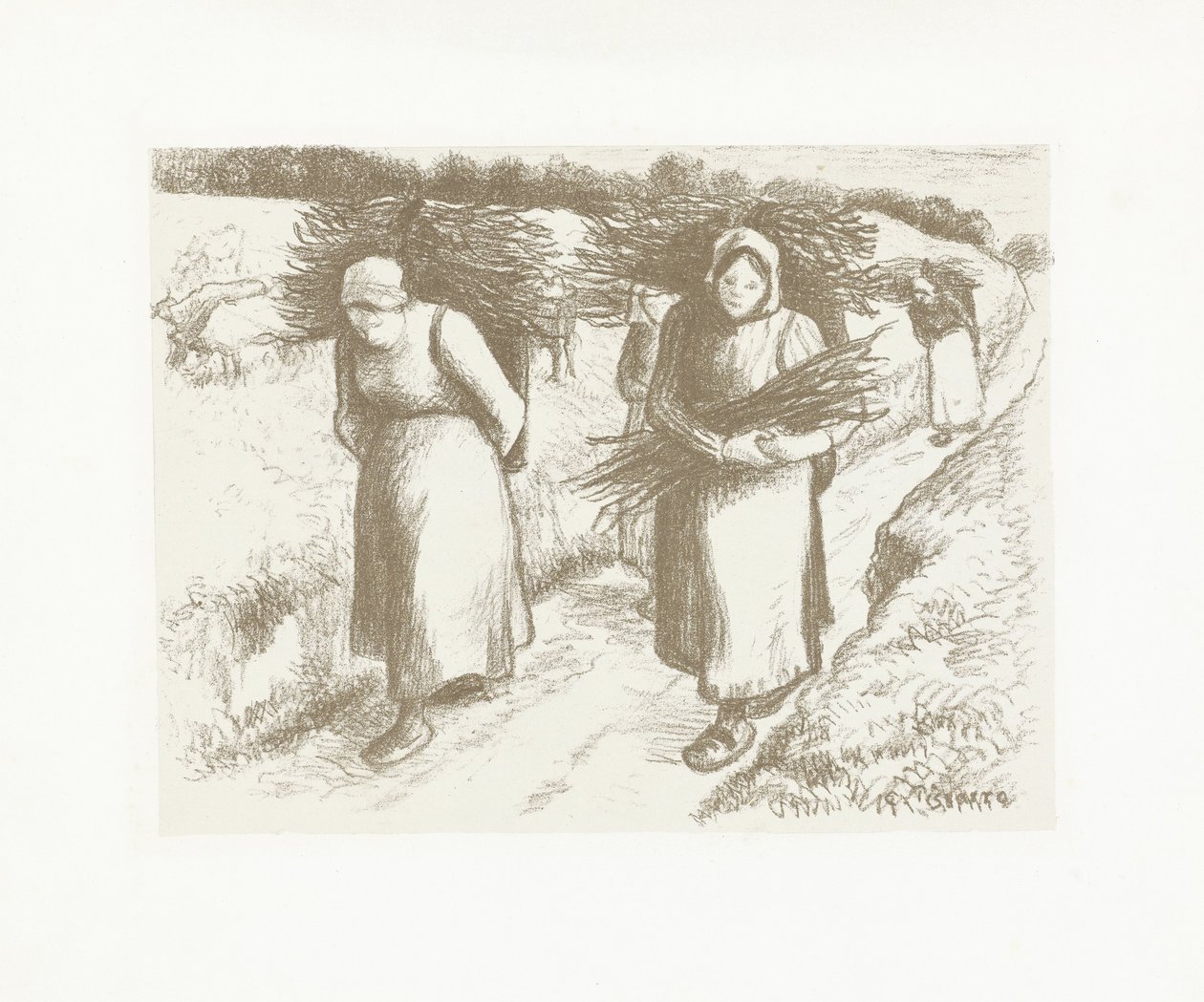 Vrouwen dragen takkenbossen door Camille Jacob Pissarro