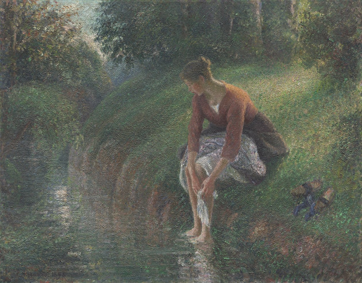 Vrouw die haar voeten baadt in een beek door Camille Jacob Pissarro