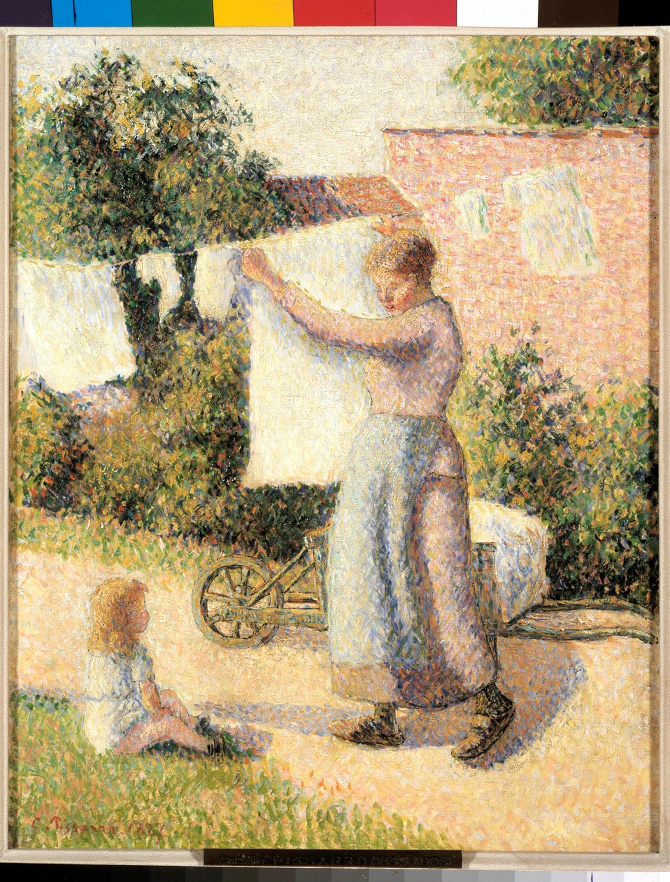 Vrouw die linnen strekt Schilderij door Camille Pissarro (1830-1903) 1887. Parijs, Musée d