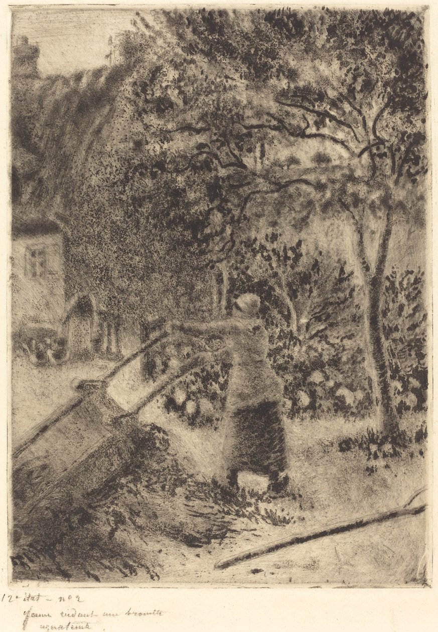 Een vrouw die een kruiwagen leegt Femme vidant une brouette, 1880 door Camille Pissarro