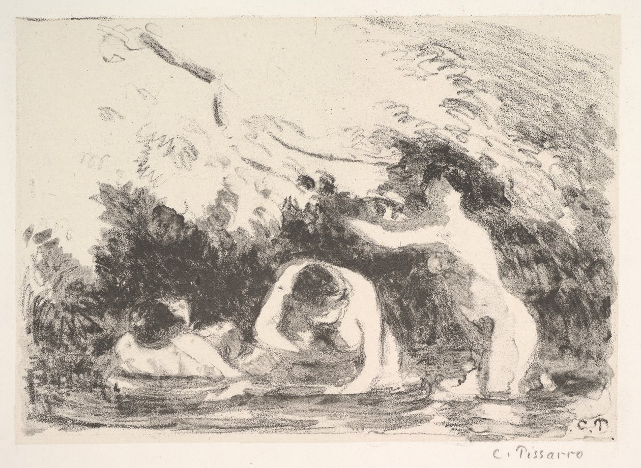 Baden in de schaduw van beboste oevers, 1894 door Camille Jacob Pissarro