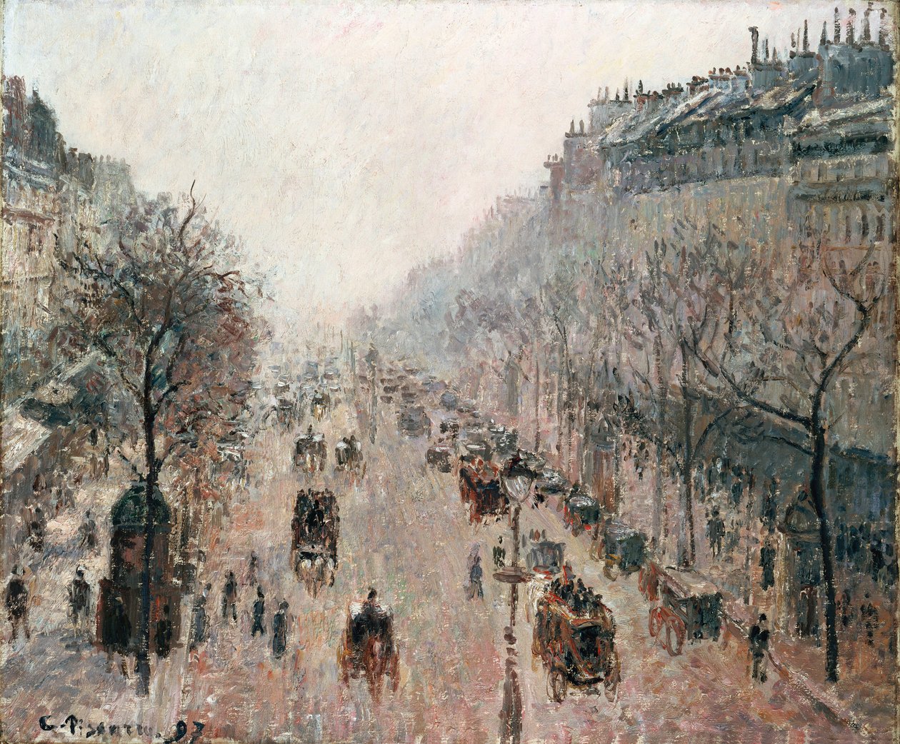 Boulevard Montmartre op een Mistige Zonnige Ochtend, 1897 door Camille Jacob Pissarro
