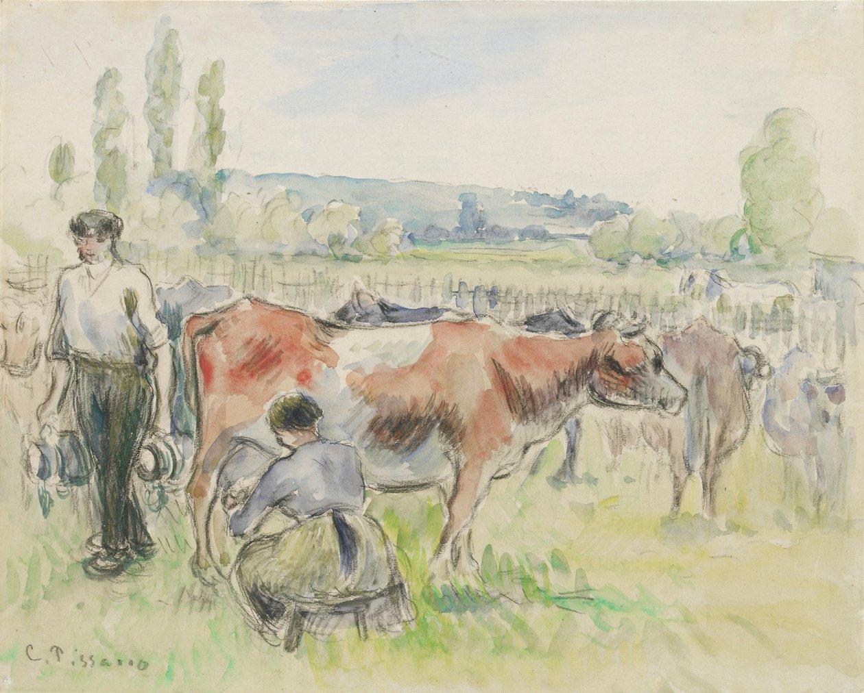 Compositorische studie van een melkscène in Eragny-sur-Epte door Camille Pissarro