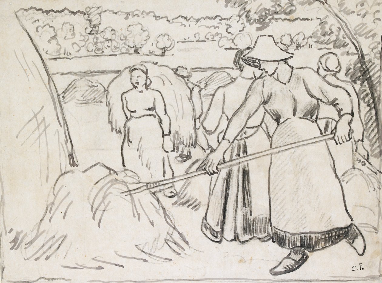 Compositorische studie van oogsters in een landschap, ca. 1893 door Camille Pissarro