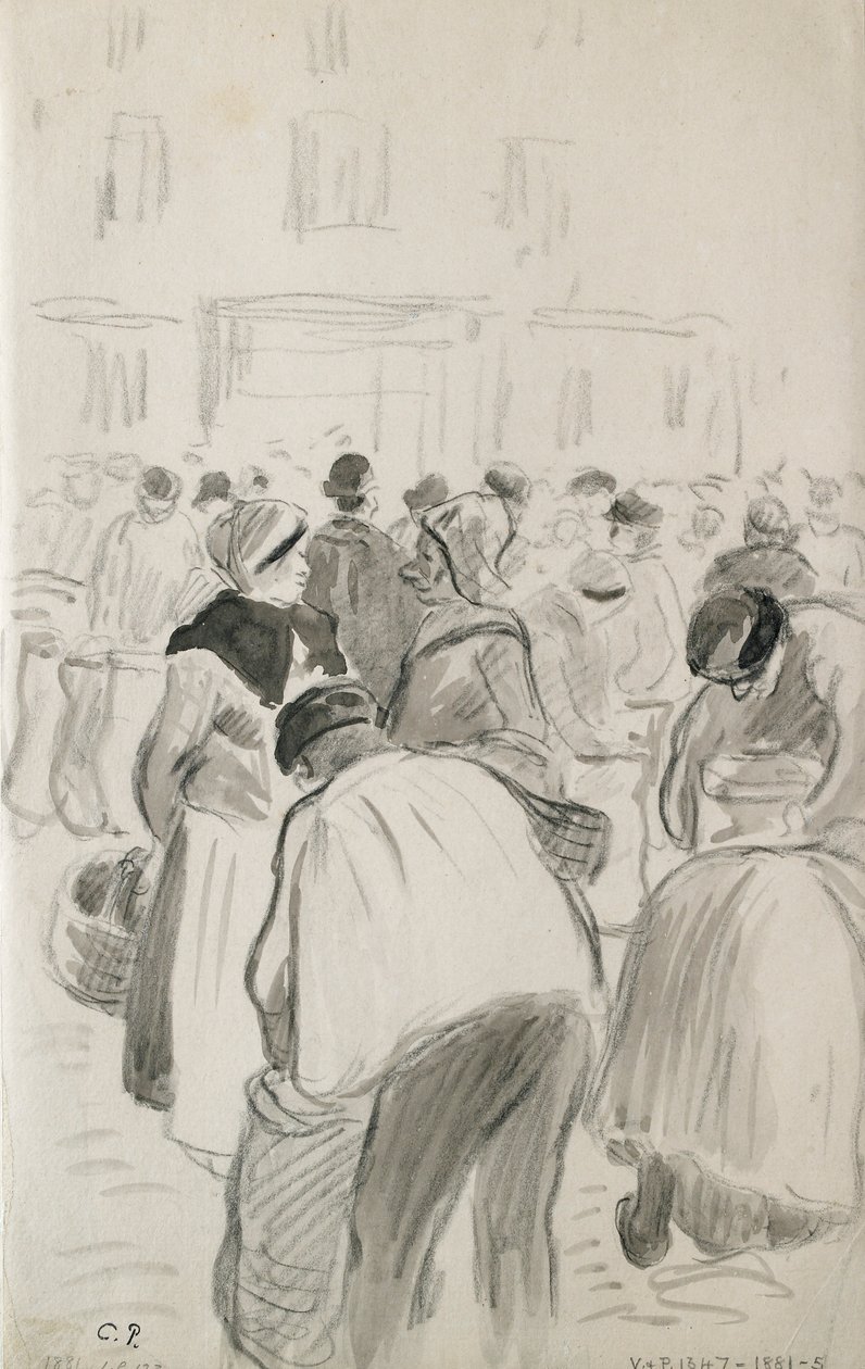 Compositorische studie van de markt in Pontoise door Camille Pissarro