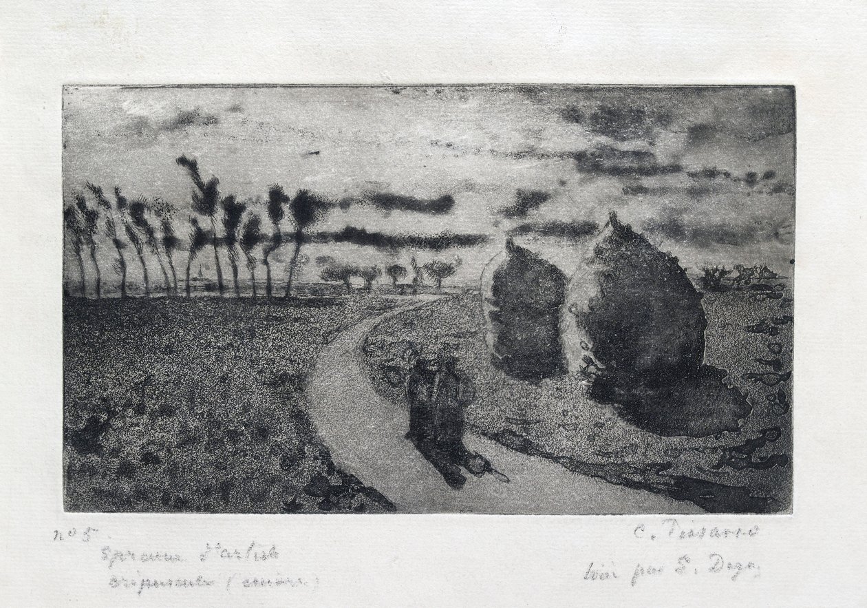 Schemering met hooibergen, 1879 door Camille Pissarro