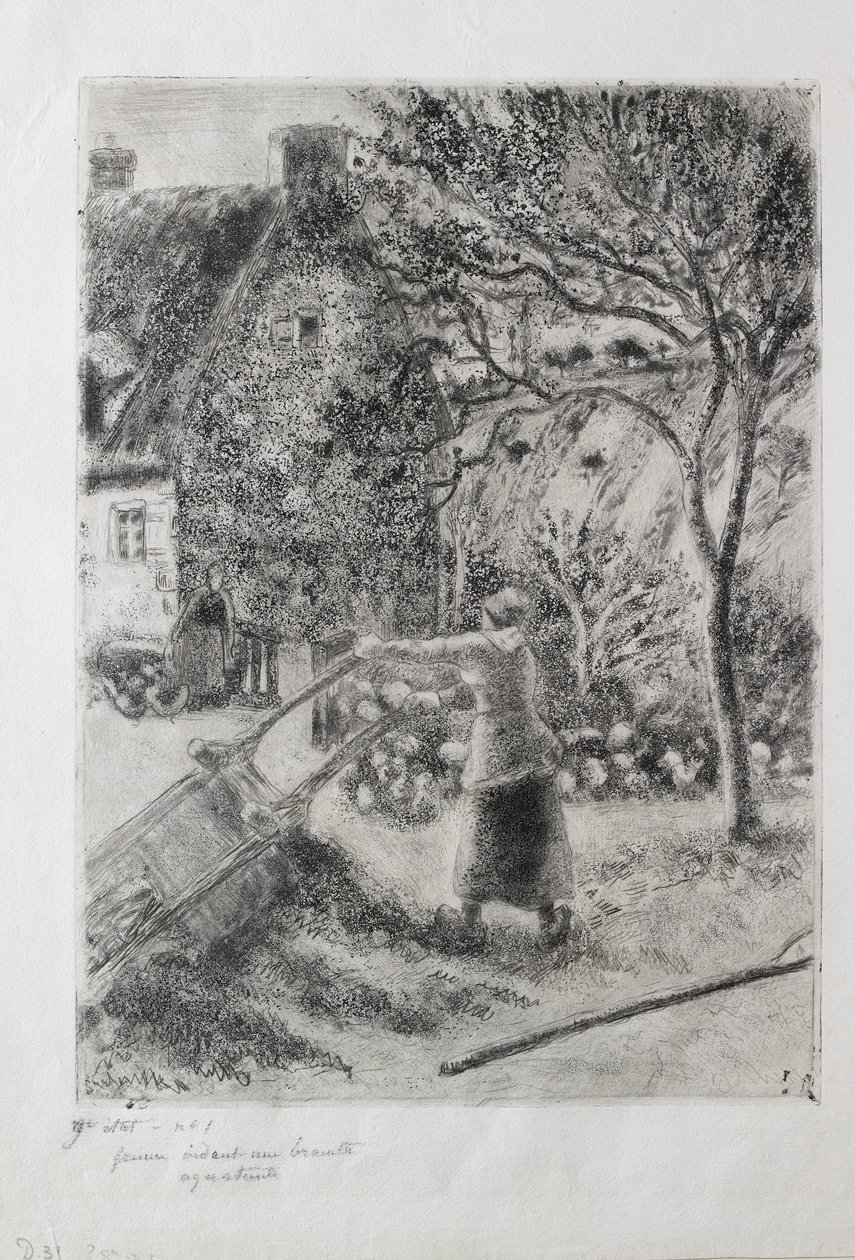 Vrouw die een kruiwagen leegt, 1880 door Camille Pissarro