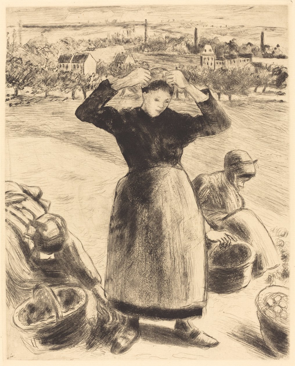 Aardappelen oogsten door Camille Pissarro
