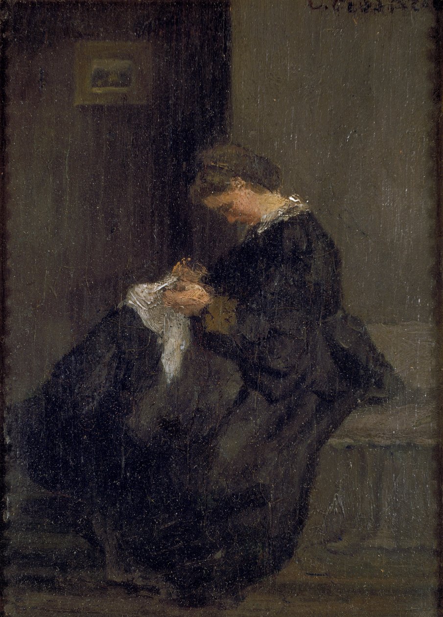 Mme Pissarro naait, c1860 door Camille Pissarro