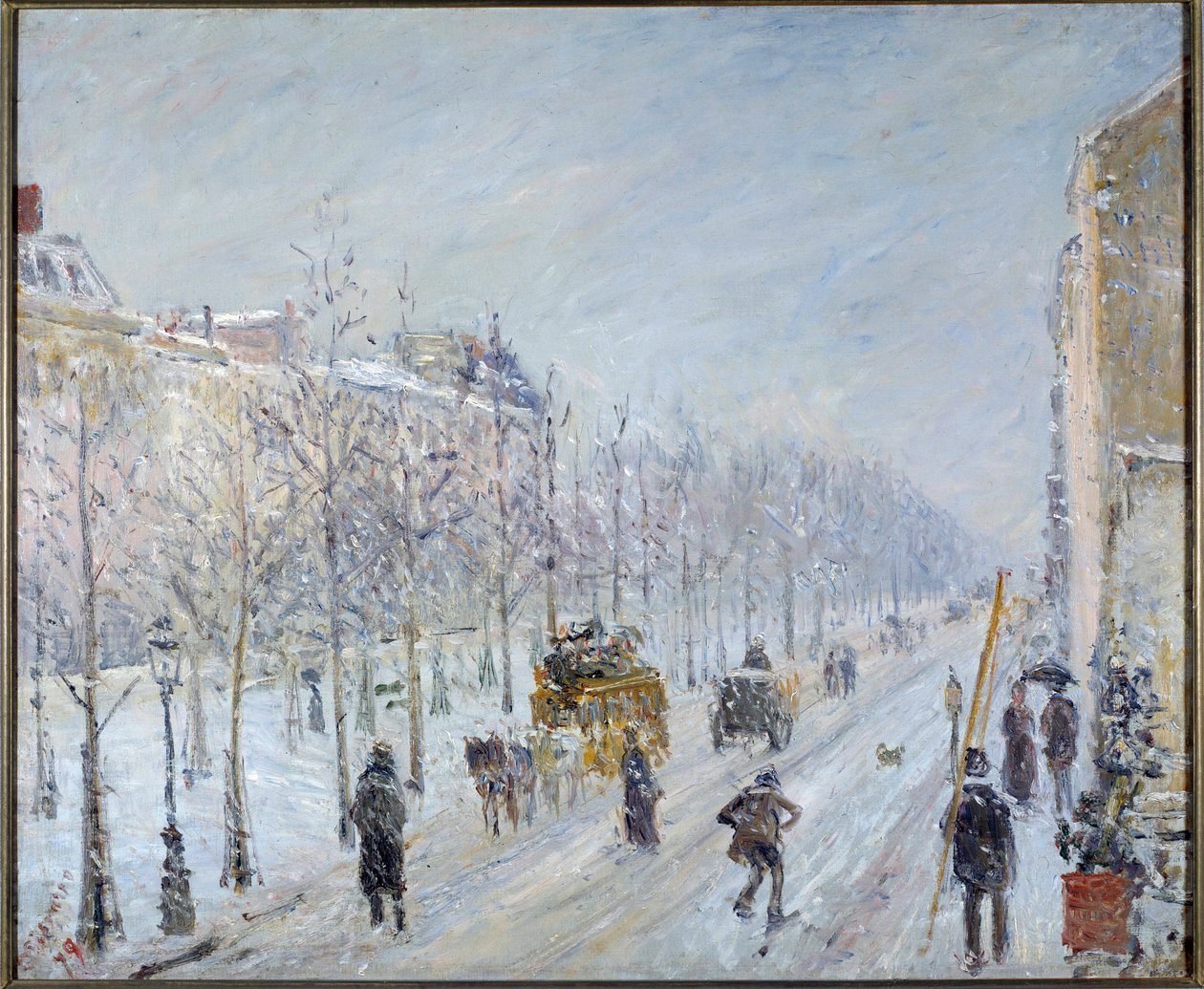 Parijse Boulevard met sneeuw door Camille Pissarro