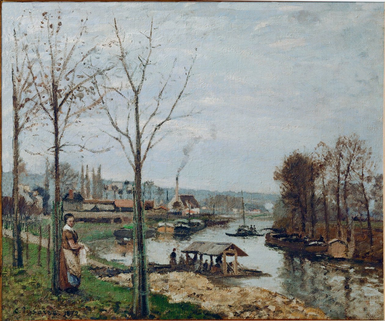 Port-Marly, de wasplaats (olieverf op doek) door Camille Pissarro