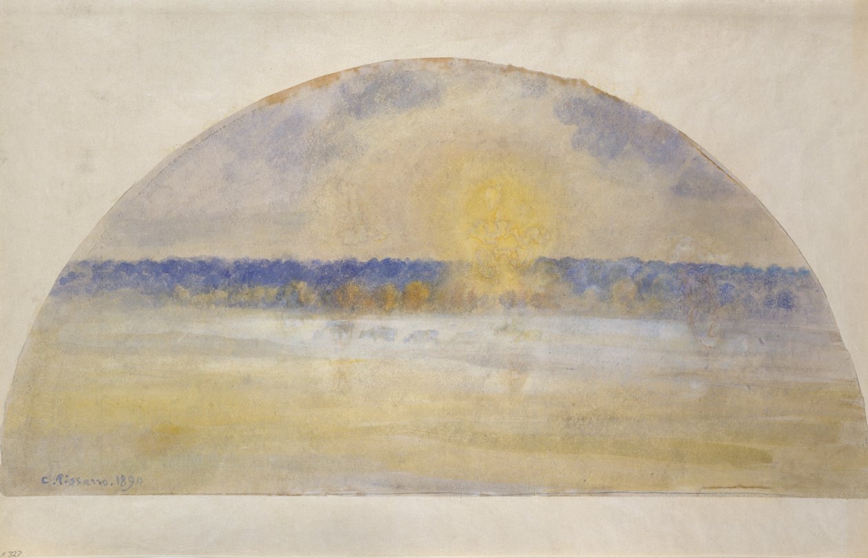 Ondergaande zon en mist, Eragny, 1891 door Camille Pissarro