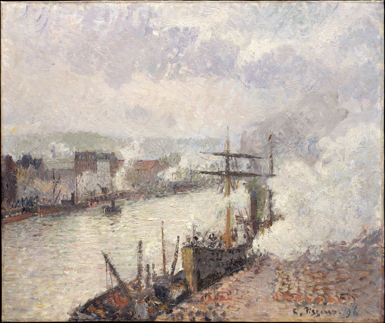 Stoomboten in de haven van Rouen door Camille Pissarro