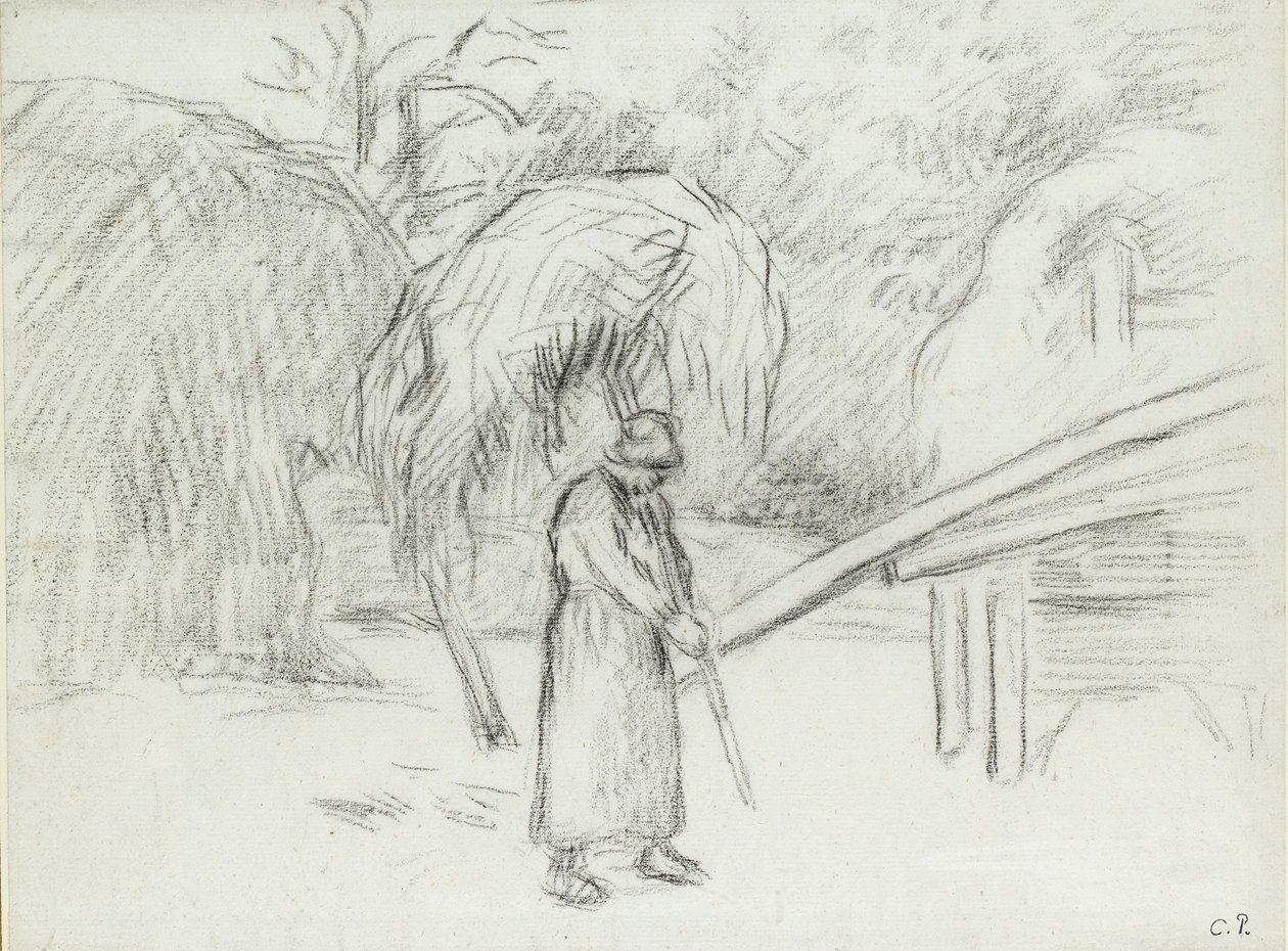 Studie van een vrouwelijke boer die een hooibaal draagt op de boerderij in Foucault, ca. 1875 door Camille Pissarro