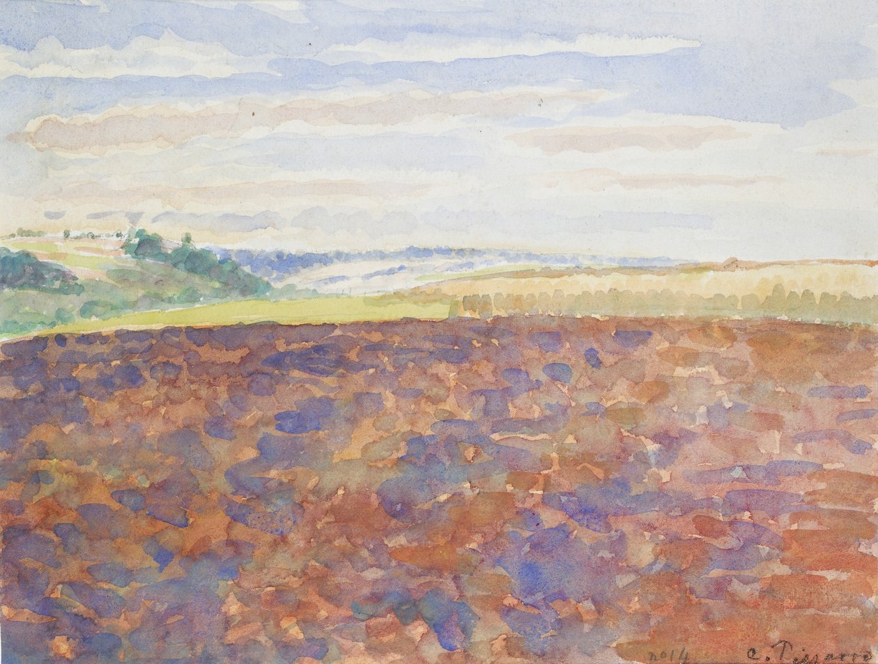 Studie van een landschap met een geploegd veld, Eragny-sur-Epte, ca. 1886-1890 door Camille Pissarro