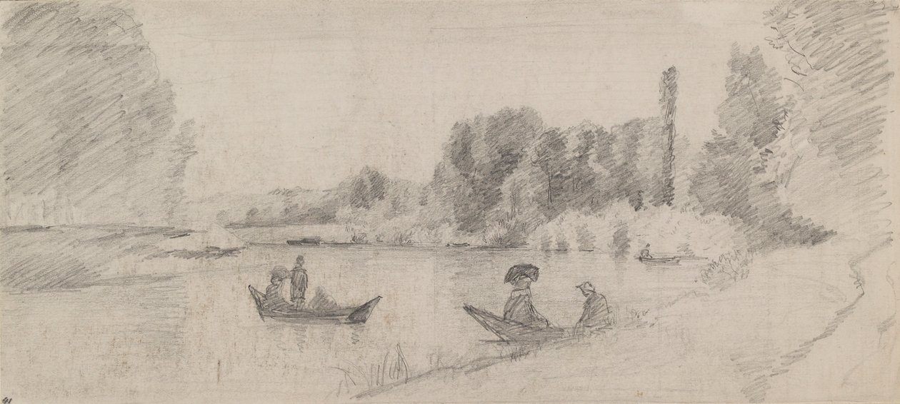 Studie van een rivierlandschap met boten door Camille Pissarro