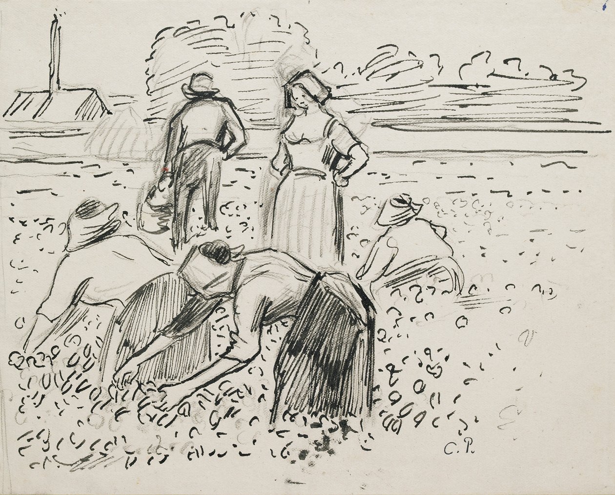 Studie van vijf boerenfiguren die op een veld werken door Camille Pissarro
