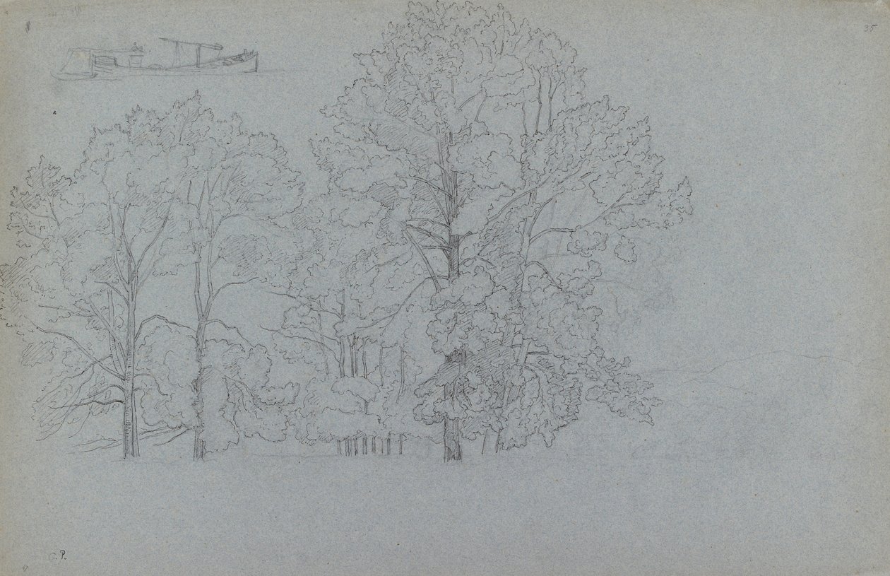 Studie van bomen, met een lichte studie van een schuit, 1859 door Camille Pissarro