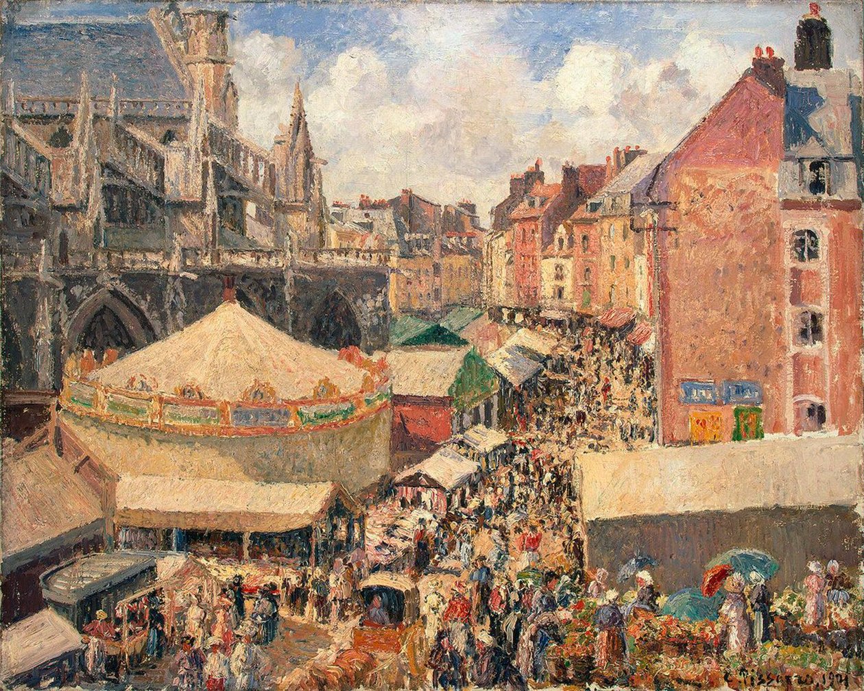 De Kermis in Dieppe, Zonnige Ochtend door Camille Pissarro