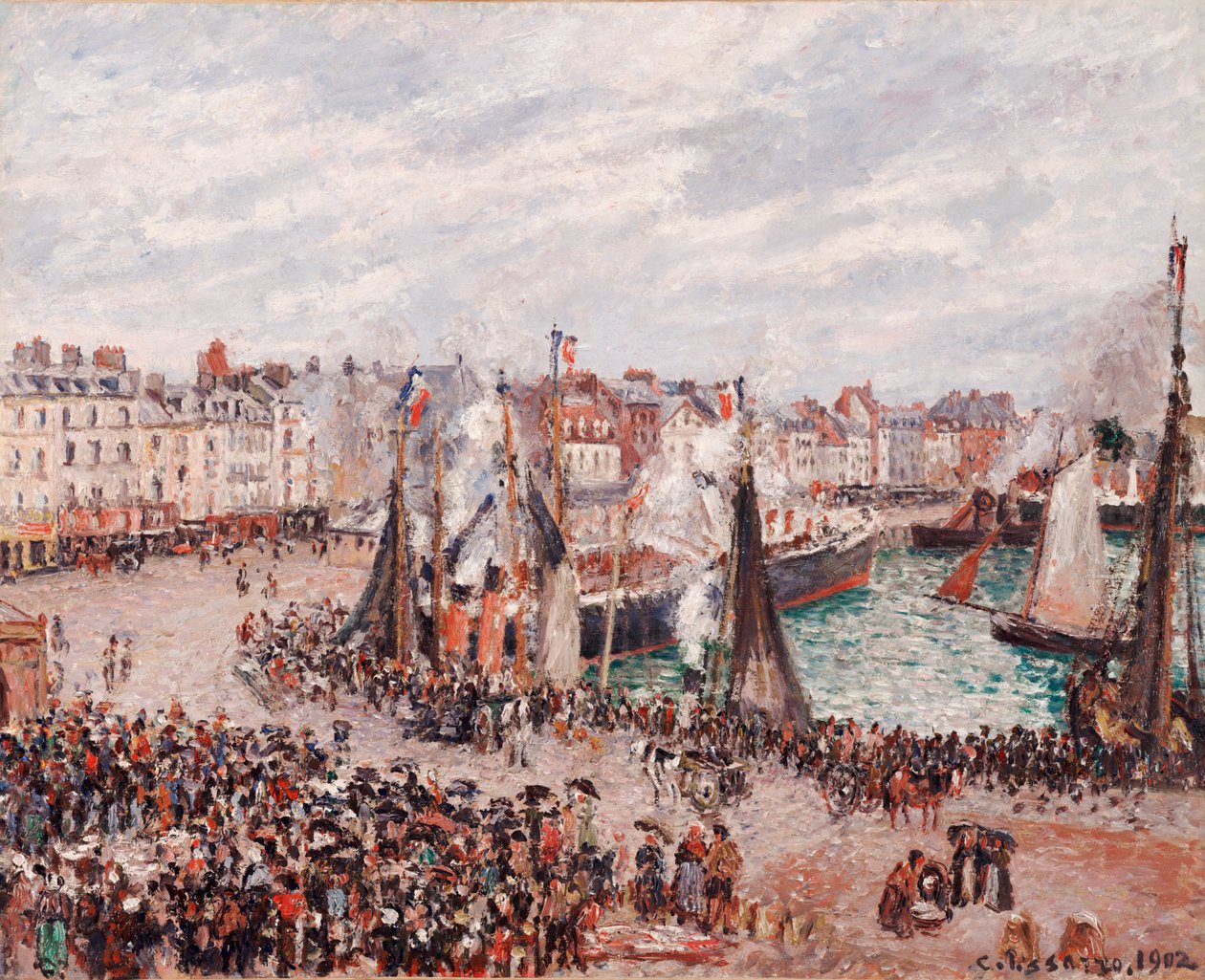 De Vismarkt, Dieppe: Grijs Weer, Ochtend door Camille Pissarro