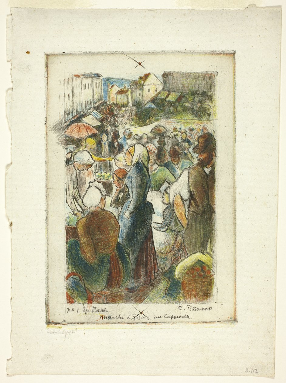 De markt in Gisors; Rue Cappeville door Camille Pissarro