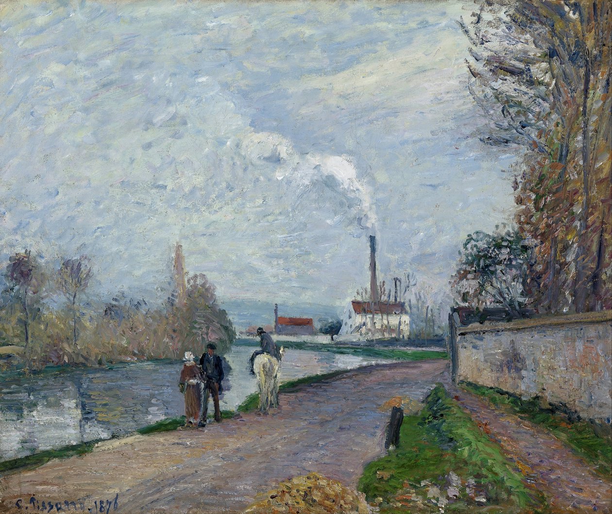 De Oise bij Pontoise in grijs weer door Camille Jacob Pissarro