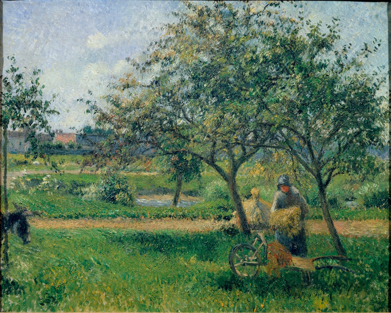 De kruiwagen, boomgaard, ca. 1881 door Camille Jacob Pissarro