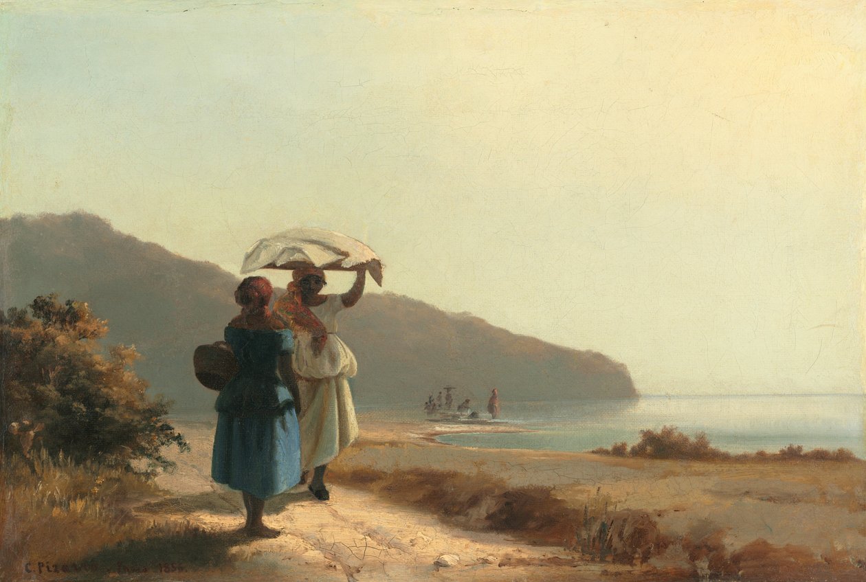 Twee vrouwen praten bij de zee, St. Thomas door Camille Pissarro