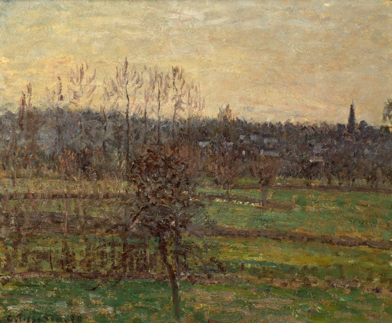Uitzicht op Bazincourt, Winter door Camille Pissarro