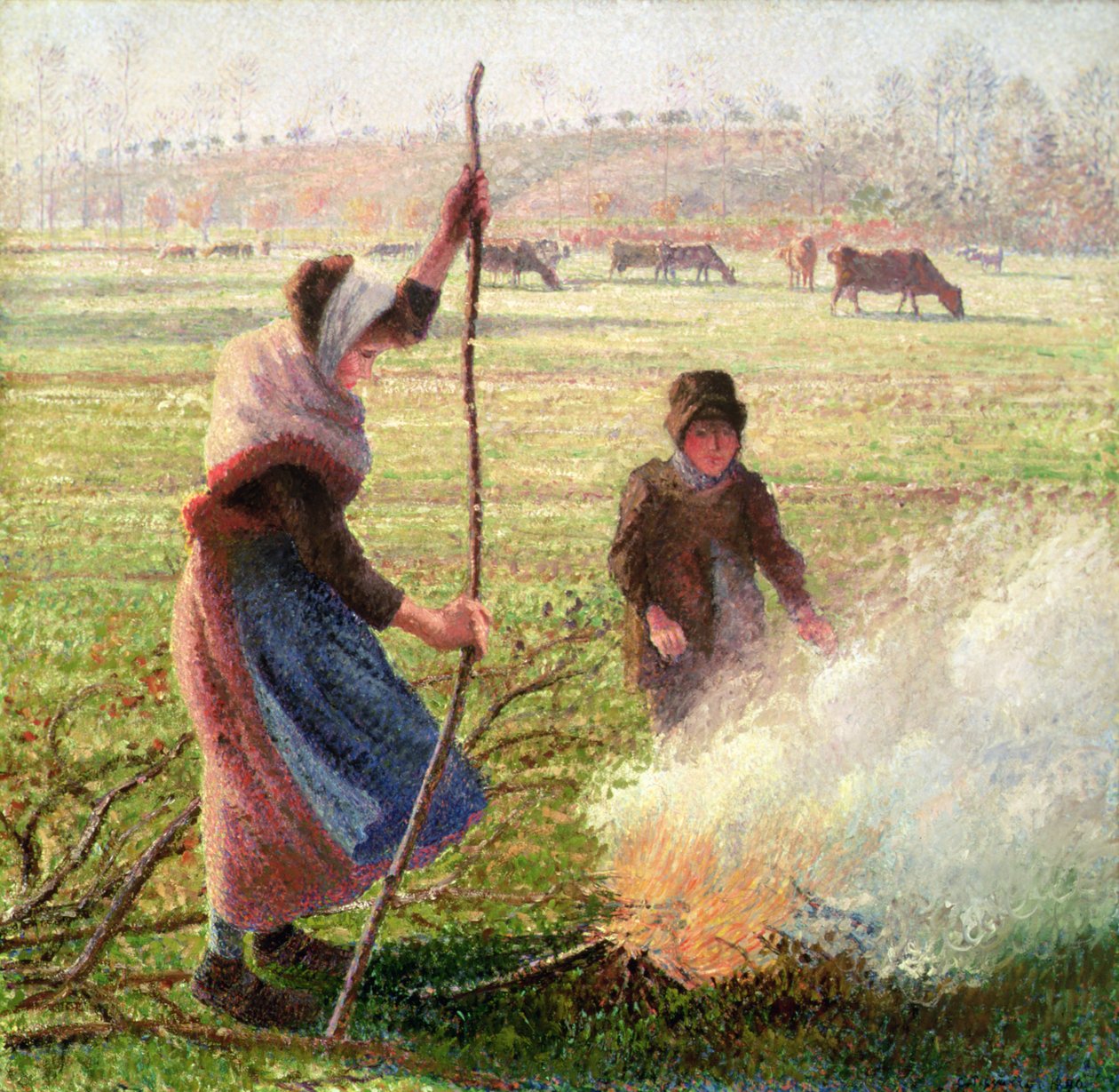 Witte Vorst, vrouw die hout hakt door Camille Jacob Pissarro