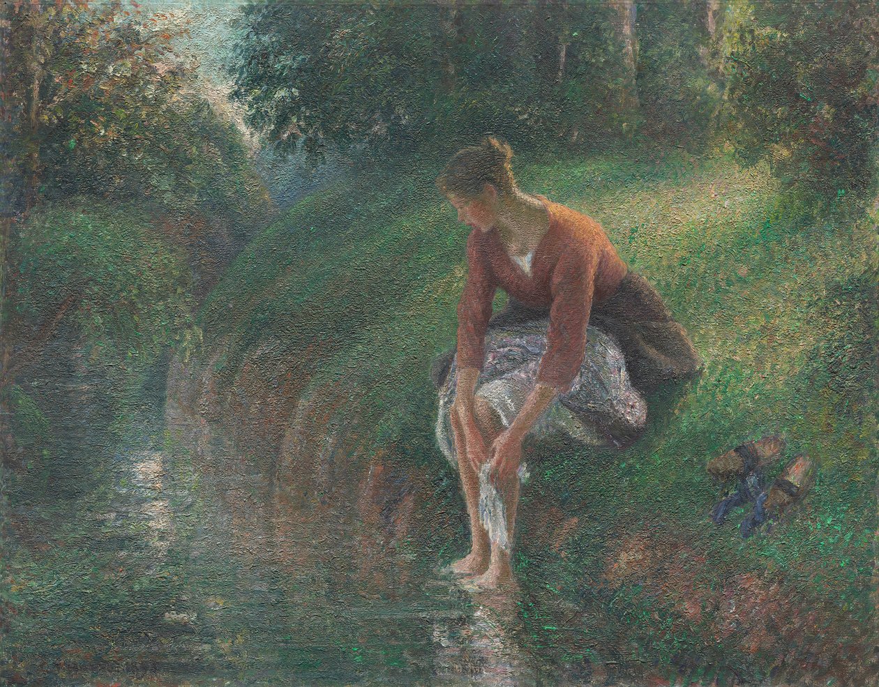 Vrouw die haar voeten baadt in een beek, 1894-95 door Camille Pissarro