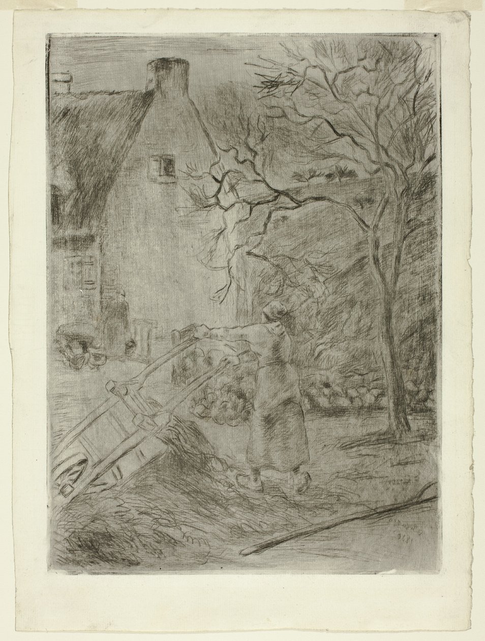 Vrouw die een kruiwagen leegt door Camille Pissarro