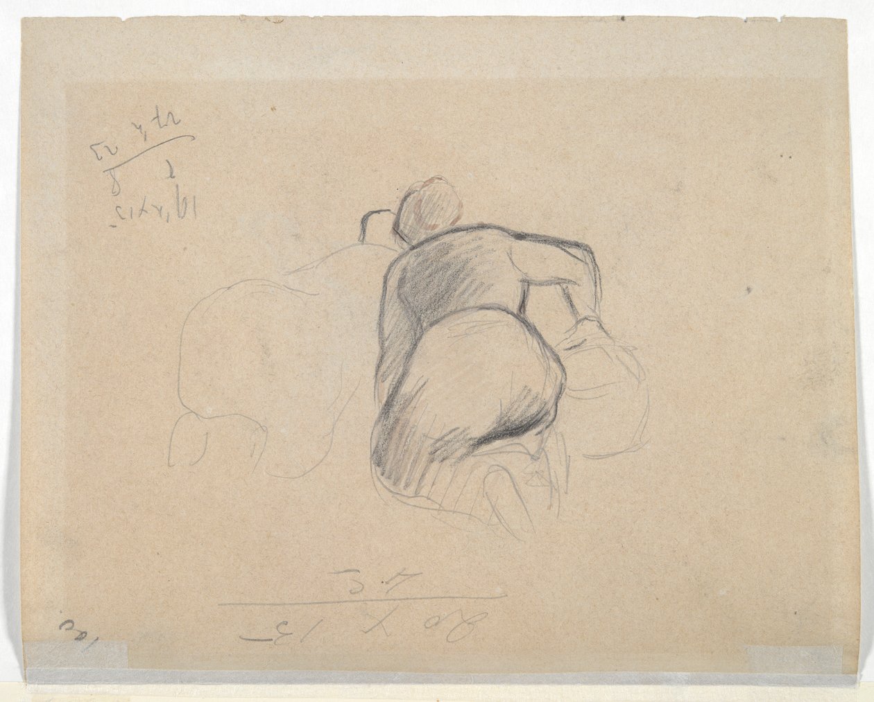 Knielende vrouw (recto); Twee boerinnen knielend (verso) door Camille Pissarro