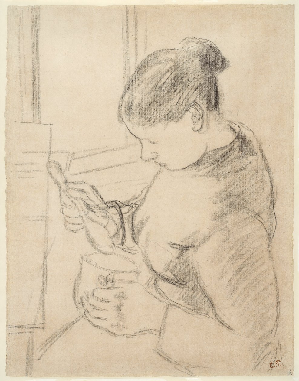 Jonge boerin met koffie door Camille Pissarro