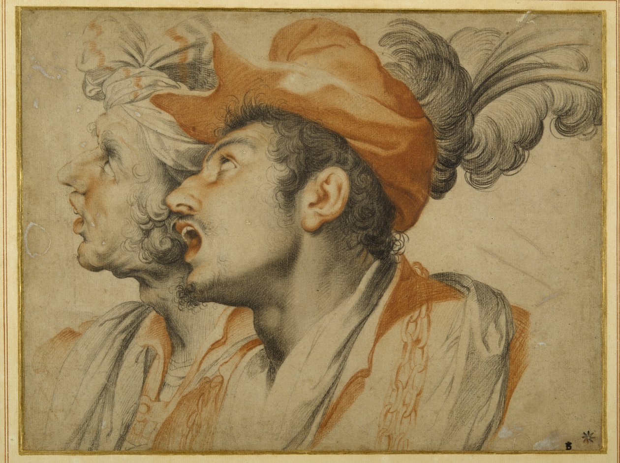 Groteske van twee modieus geklede mannen die zingen door Camillo Procaccini