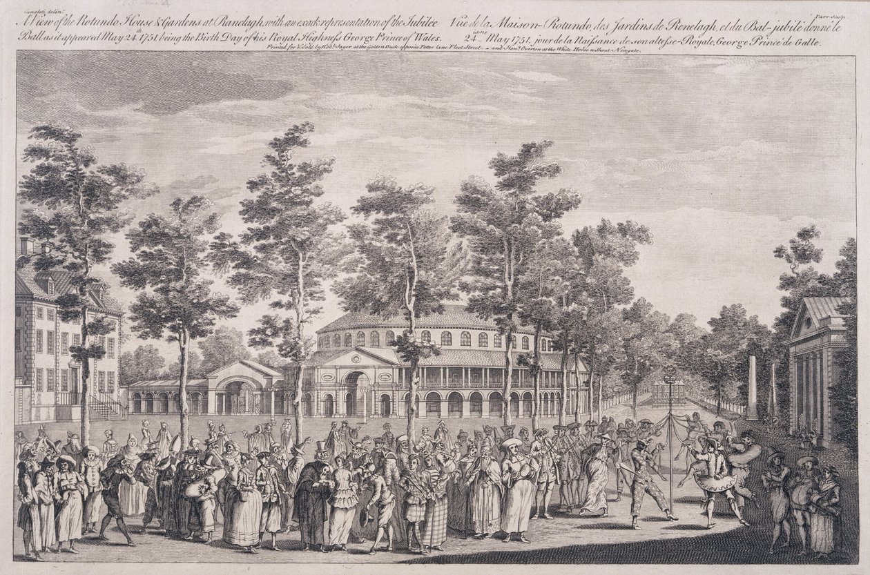 Zicht op de Rotunda, Ranelagh House, op een bal ter viering van de verjaardag van ZKH, de Prins van Wales, 24 mei 1751, gegraveerd door Parr door Canaleti