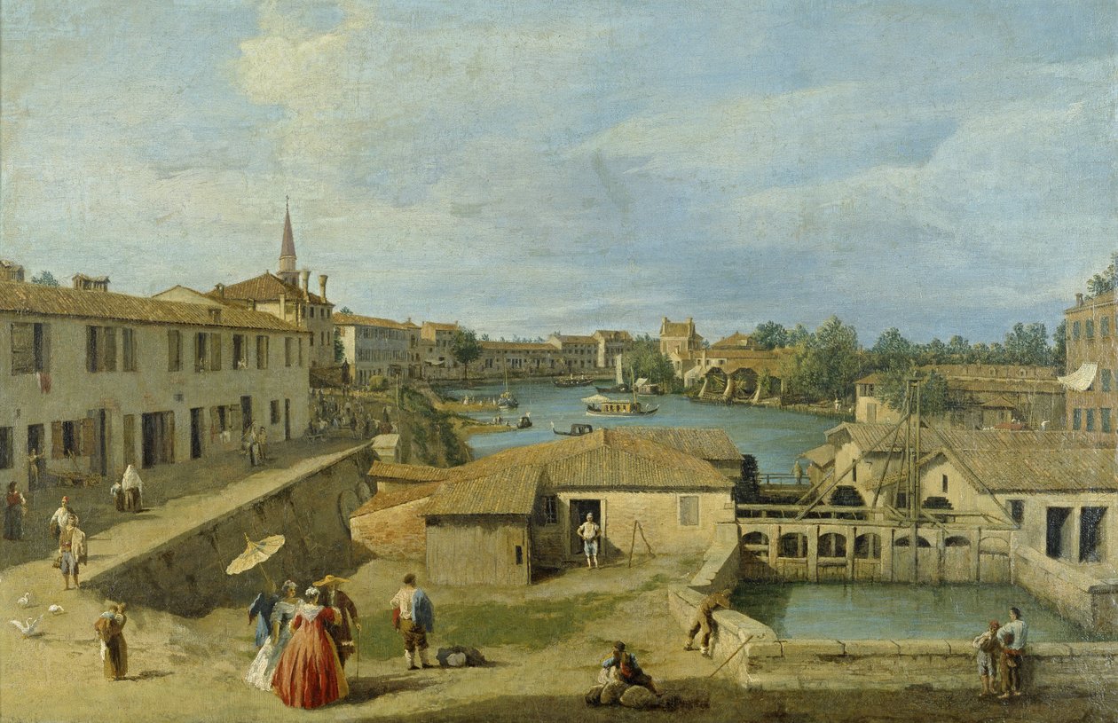 Een uitzicht op Dolo aan het Brenta-kanaal, ca. 1725-29 door Giovanni Antonio Canal