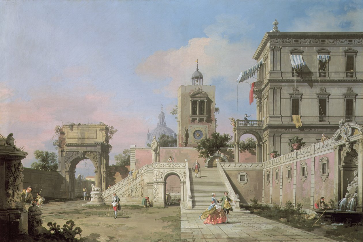 Capriccio van dubbele trappen naar een palazzo, ca. 1750 door Giovanni Antonio Canal