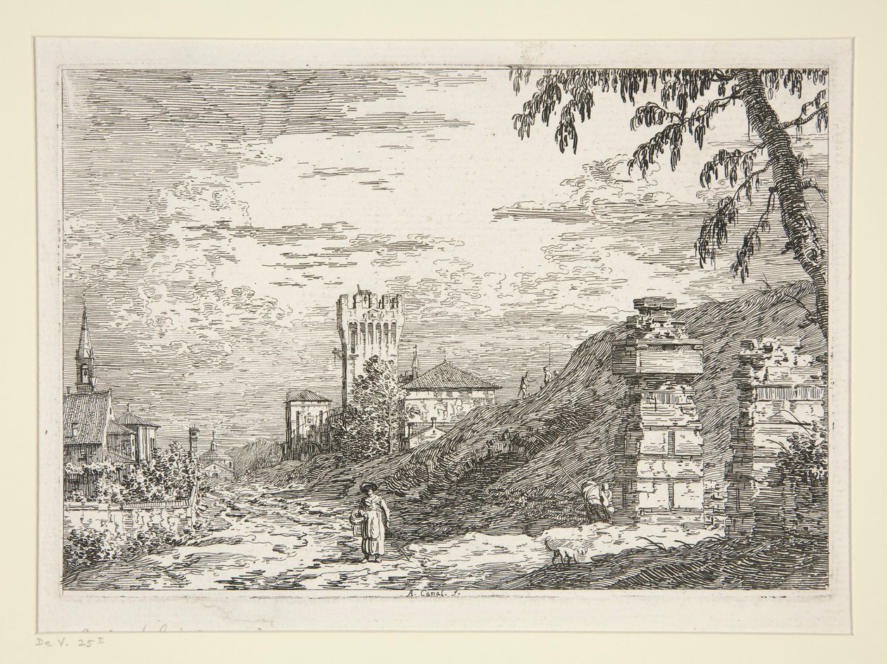 Landschap met Toren en Twee Verwoeste Zuilen, uit de serie Vedute door Canaletto (Giovanni Antonio Canal)