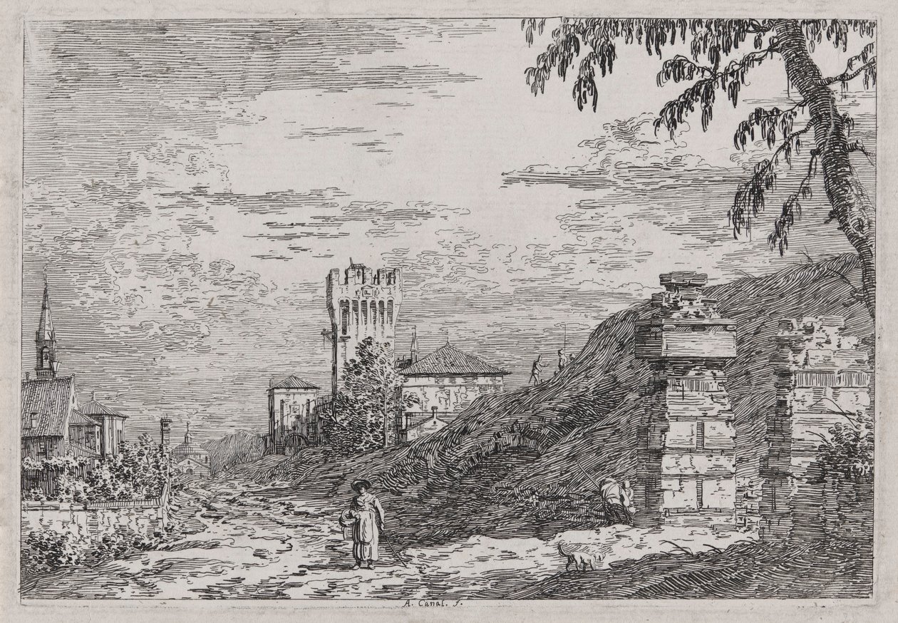 Landschap met Toren en Twee Verwoeste Zuilen, uit de serie Vedute (Gezichten) door Canaletto (Giovanni Antonio Canal)
