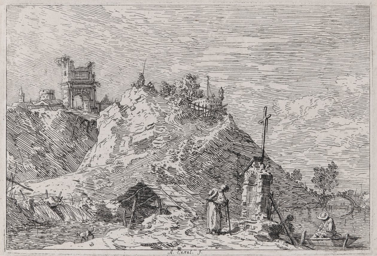 Landschap met de Pelgrim in Gebed, uit de serie Vedute (Uitzichten) door Canaletto (Giovanni Antonio Canal)